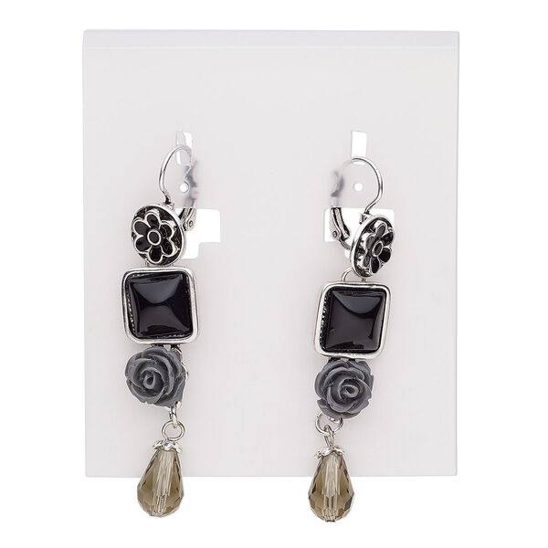 Earring, enamel / glass / resin / antique silver-plated brass / steel / "pewter" (zinc-based alloy), grey / smoky grey / black, 2-1/2 inches with round and square with leverback ear wire. Sold per pair. image number 0