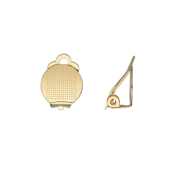 Earring clip-on 1pkg100 gold-plated, 11mm hinged / 11mm round flat pad, brass / steel 50 pair image number 0