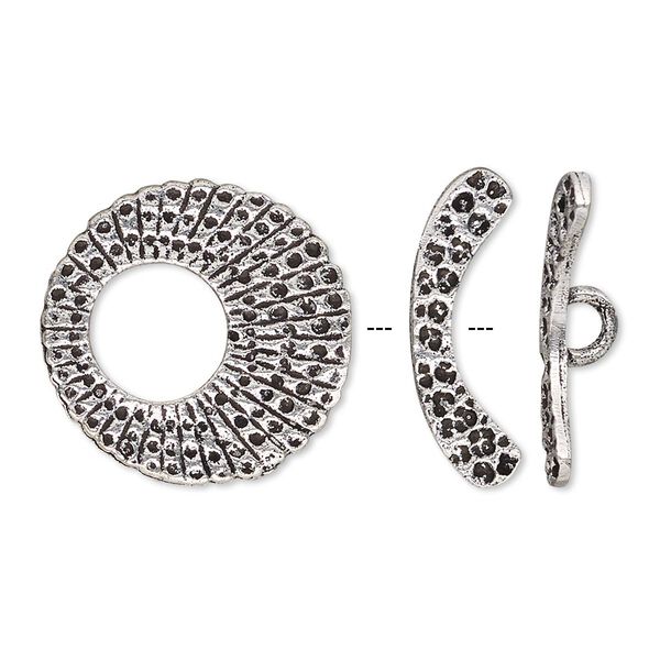 Clasp, toggle, antique silver-plated brass, 21mm textured round go-go. Sold individually. image number 0