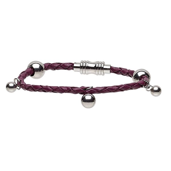 Bracelet, leather (dyed) and stainless steel, dark purple, 10mm wide with 4mm bolo cord, 6-1/2 inches with magnetic clasp. Sold individually. image number 0