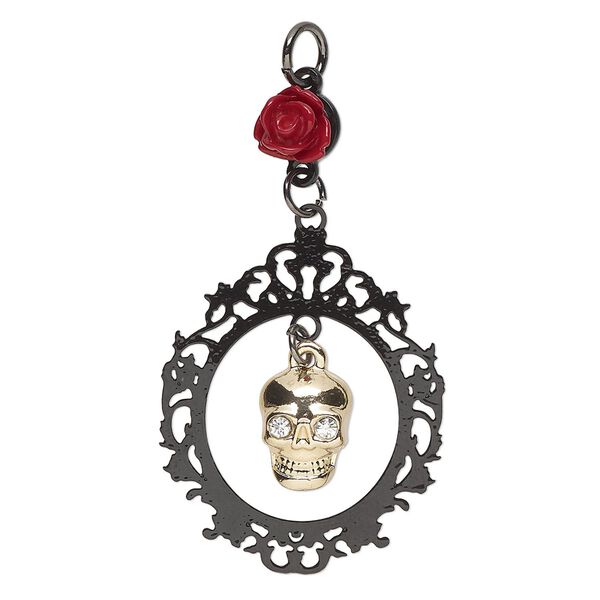 Focal, black-finished and gold-finished "pewter" (zinc-based alloy) / steel / resin, black / gold / red, 40x23.5mm framed skull with rose link. Sold individually. image number 0