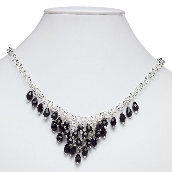 Necklace, glass with silver-plated steel and "pewter" (zinc-based alloy), black, 18 inches with 2-inch extender chain and lobster claw clasp. Sold individually. image number 0