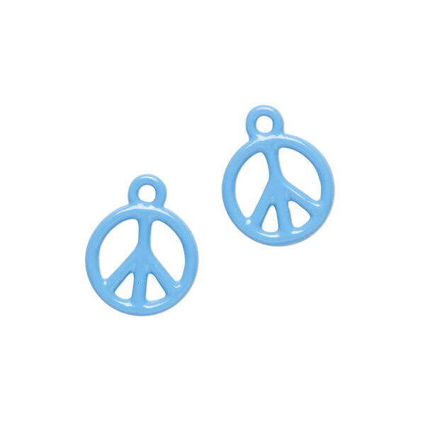 Charm, pewter (tin-based alloy) with enamel, light blue, 12mm double-sided round peace sign. Sold per pkg of 2. image number 0