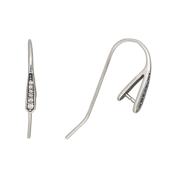 Ear wire fishhook 1pkg2 rhodium-plated sterling silver / cubic zirconia, 15mm / ice-pick bail / 5mm grip length setting, 20 gauge clear 1 pair image number 0
