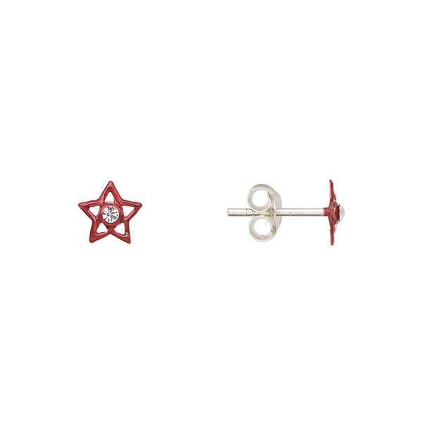 Earstud, Create Compliments®, enamel and sterling silver, red, 6mm star. Sold per pair. image number 0