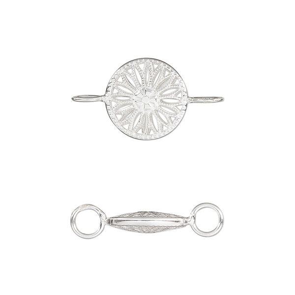 Link, sterling silver, 12.5mm double-sided round with flower design. Sold individually. image number 0