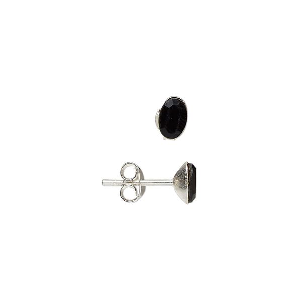 Earring 1pkg2 sterling silver, 6x4mm oval earstud / earnuts, glass jet 1 pair image number 0