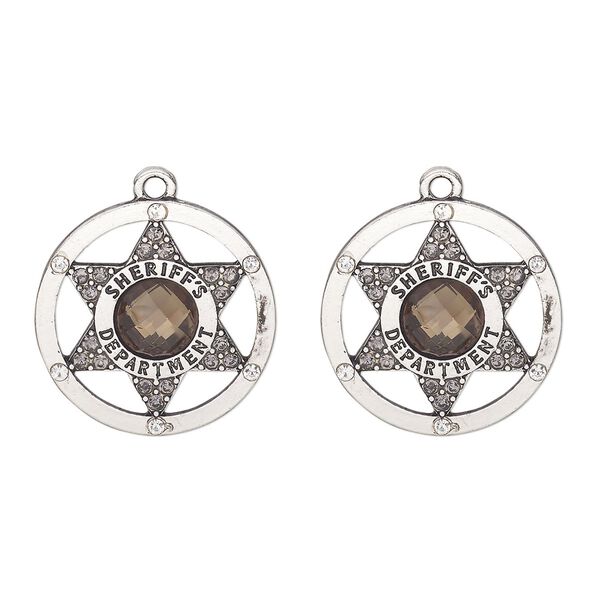 Charm, antique silver-finished "pewter" (zinc alloy) and glass, clear and greige, 24mm single-sided sheriff badge. Sold per pkg of 2. image number 0