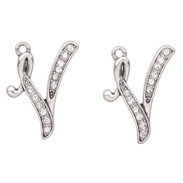 Charm, antique silver-finished "pewter" (zinc-based alloy) and glass, clear, 25x20mm letter "V". Sold per pkg of 2. image number 0