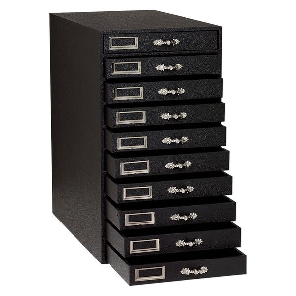 Jewelry organizer, medium-density fiberboard and leatherette paper, black and silver, 16-1/4 x 8-3/4 x 14-5/8 inches with 10 drawers. Sold individually. image number 1