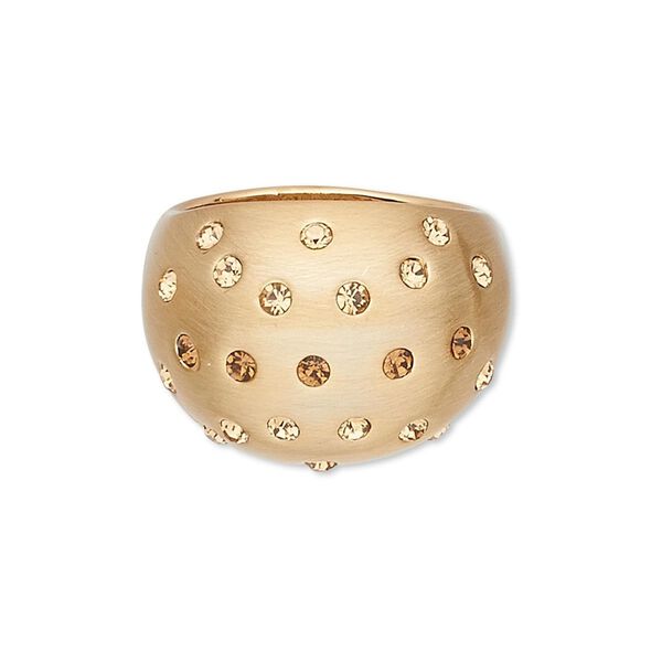 Ring, Czech glass rhinestone and gold-finished "pewter" (zinc-based alloy), topaz and yellow,18mm wide brushed domed band, size 9. Sold individually. image number 0