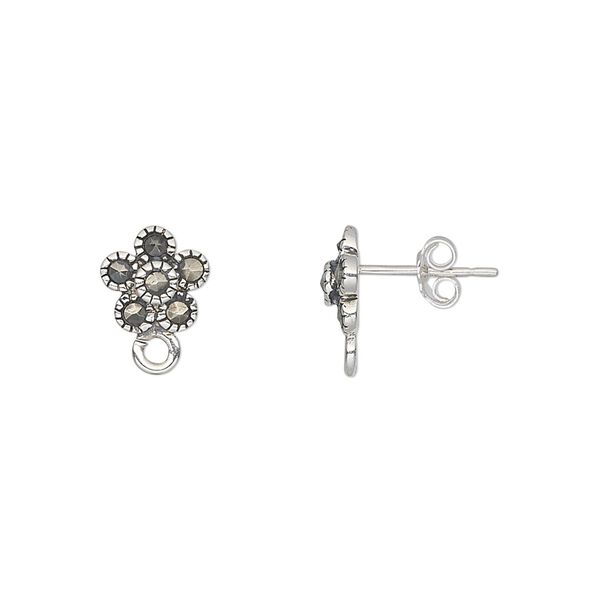 Marcasite / sterling silver 1pkg2, flower earstud / open loop / earnut natural 9x8mm image number 0