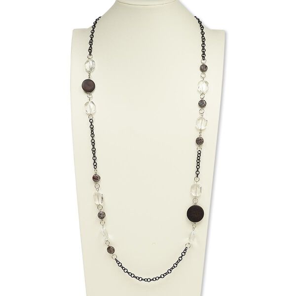 Necklace, wood / brown snowflake jasper (natural) / glass / silver- / black-finished steel, clear and brown, flat round, 32-inch continuous loop. Sold individually. image number 0