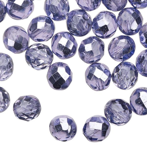Bead 1pkg50 Czech fire-polished glass, 8mm faceted round, opaque half-coated metallic lilac image number 0