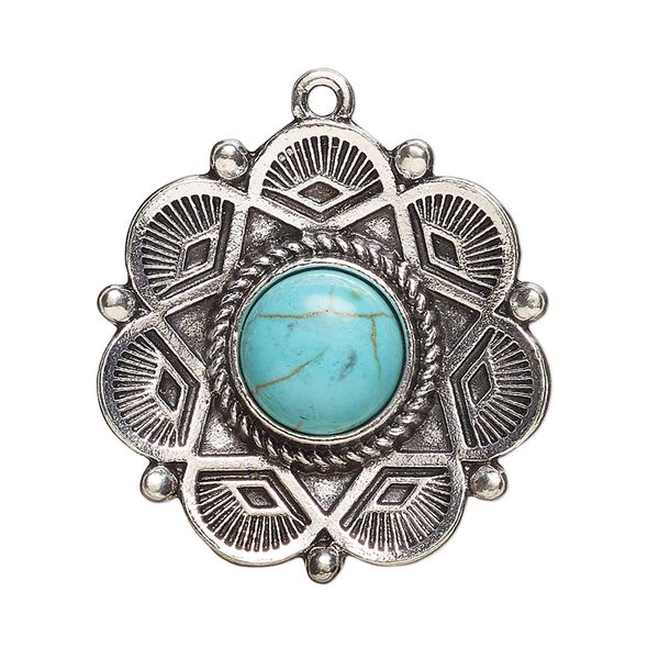 Focal, antique silver-finished "pewter" (zinc-based alloy) and "turquoise" (resin) (imitation), turquoise blue, 31mm single-sided concave round flower. Sold per pkg of 2. image number 0