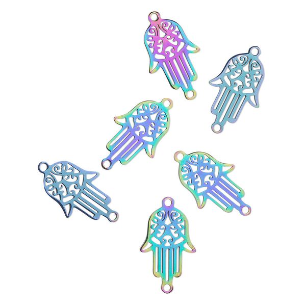 Link, electro-coated stainless steel, rainbow, 16x11mm double-sided Fatima hand. Sold per pkg of 6. image number 0