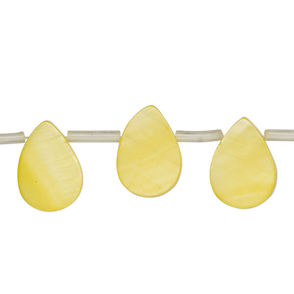 Bead, mother-of-pearl shell (dyed), yellow, 13x3mm-14x9mm top-drilled flat teardrop, Mohs hardness 3-1/2. Sold per 13-inch strand, approximately 25 beads. image number 0