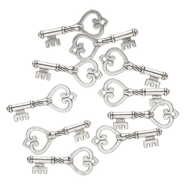 Focal, antique silver-finished "pewter" (zinc-based alloy), 43x19mm key with heart. Sold per pkg of 10. image number 0
