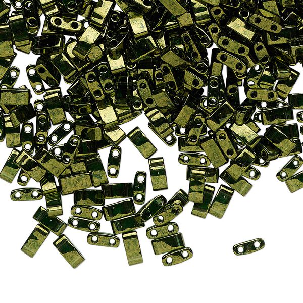 Seed bead, TILA®, glass, pkg/40g, 5x2.3mm half tila rectangle, translucent luster olive green, (HTL-306). image number 0