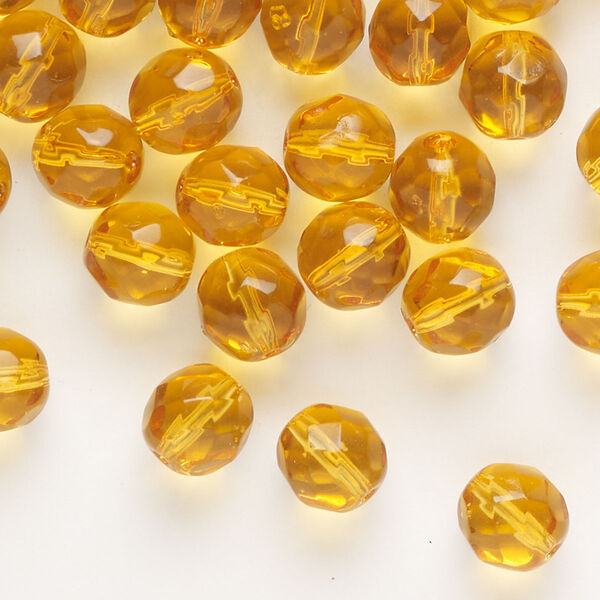 Bead, Czech fire-polished glass, translucent amber, 8mm faceted round. Sold per pkg of 50. image number 0