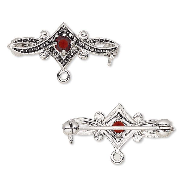 Brooch, cubic zirconia and antique silver-plated bronze, garnet red, 28x11mm with 4mm faceted round and closed loop. Sold individually. image number 0
