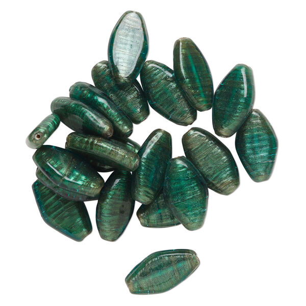 Bead, lampworked glass, translucent dark green, 30x18mm-33x20mm flat marquise with copper-colored glitter. Sold per pkg of 20. image number 0