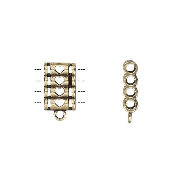 Spacer, antiqued brass, 12x8mm double-sided 4-strand quadruple round tube with heart cutout design and loop, fits up to 2mm bead. Sold individually. image number 0