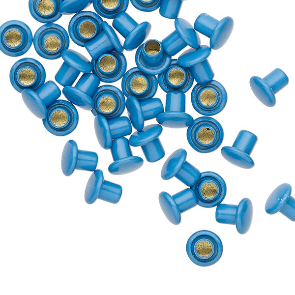 Rivet, acrylic and brass, turquoise blue, 5.5x5mm with 3mm shank and 2.5mm inside diameter, fits 3.5-5mm hole. Sold per pkg of 50. image number 0