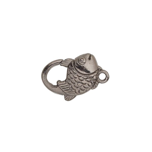 Clasp, lobster claw, gunmetal-plated "pewter" (zinc-based alloy), 16.5x12mm with double-sided fish design. Sold per pkg of 8. image number 0