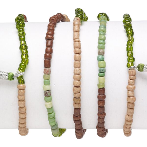 Bracelet mix, stretch, glass, greens and browns, #6 round with 45mm tassel, 7-1/2 inches. Sold per pkg of 5. image number 0