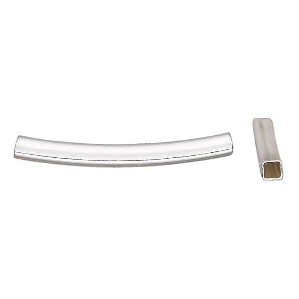 Bead, silver-finished brass, 30x3mm curved square tube. Sold per pkg of 6. image number 0