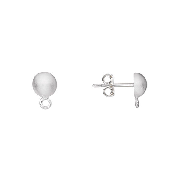 Earstud, satin-finished sterling silver, 6mm half ball with open loop. Sold per pkg of 5 pairs. image number 0