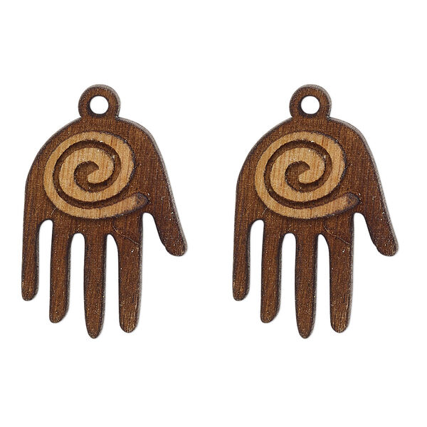 Drop, red alder (natural), 22x17mm single-sided left-facing hand with spiral design. Sold per pkg of 2. image number 0