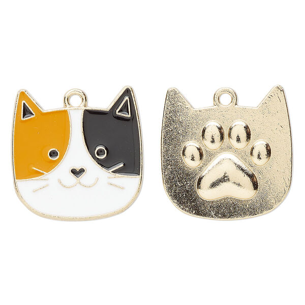 Charm, gold-finished "pewter" (zinc-based alloy) and enamel, white / orange / black, 22.5x22mm two-sided cat face. Sold per pkg of 2. image number 0