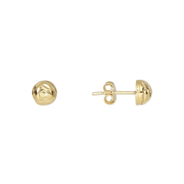 Earstud, gold-finished sterling silver, 6mm diamond-cut half-ball with post. Sold per pair. image number 0