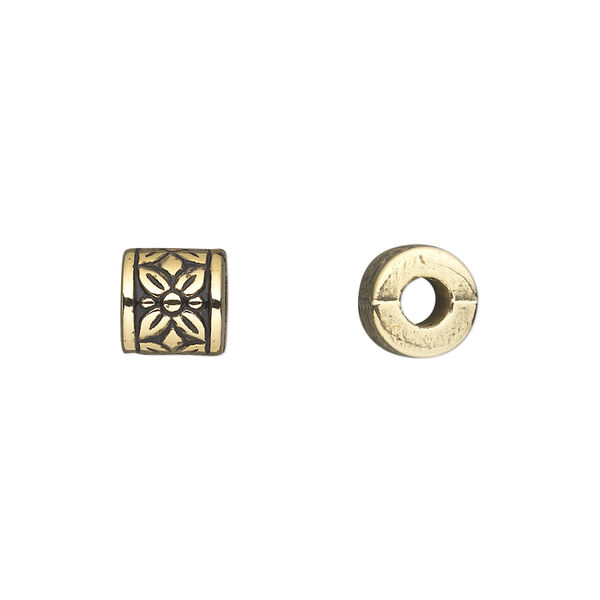 Bead, antiqued gold-finished copper-coated plastic, 8mm drum with flowers. Sold per 50-gram pkg, approximately 150 beads. image number 0