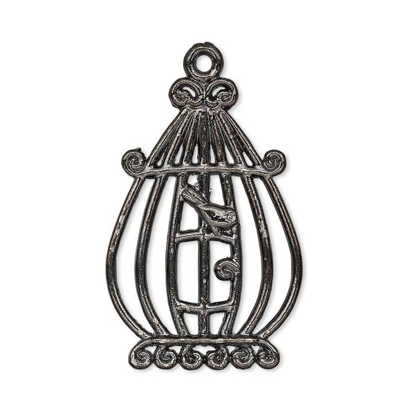 Focal, gunmetal-finished "pewter" (zinc-based alloy), 31x21mm single-sided bird in cage. Sold per pkg of 4. image number 0
