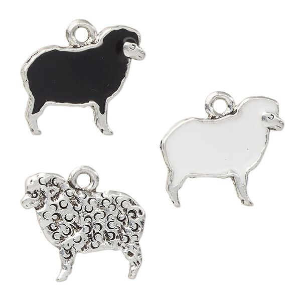 Charm, enamel and antique silver-plated pewter (tin-based alloy), white and black, 18x16mm two-sided sheep. Sold per 2-piece set. image number 0
