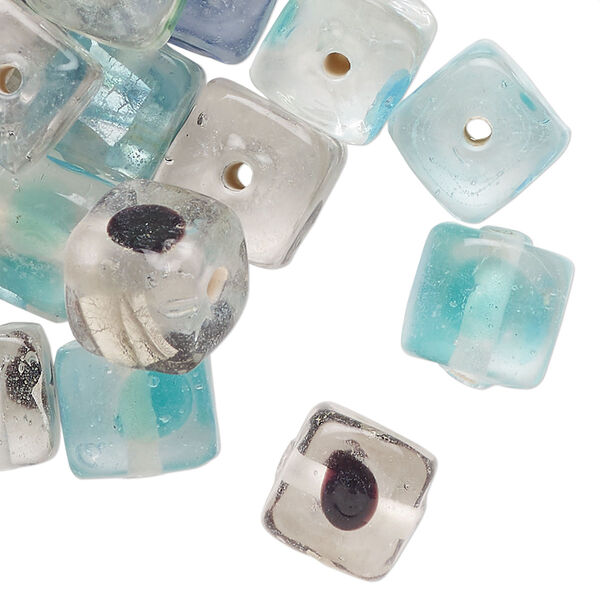Bead mix, dichroic glass, transparent mixed colors, 11mm cube with dot design. Sold per 4-ounce pkg, approximately 45 beads. image number 0