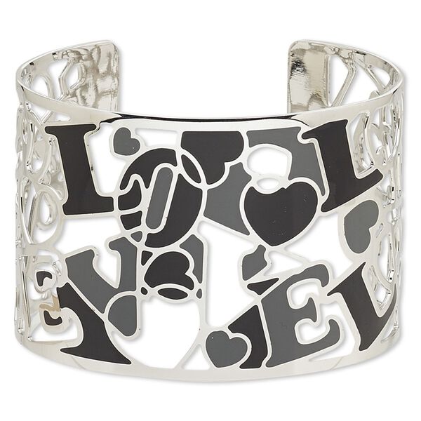 Bracelet, Avant-Garde Jewelry Collection™, cuff, enamel and imitation rhodium-plated brass, black / grey / cream, 50mm wide with cutout and abstract design with "LOVE," adjustable from 7-1/2 to 8 inches. Sold individually. image number 0