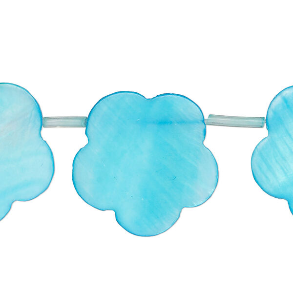 Bead, mother-of-pearl shell (dyed), blue, 21x16mm-23x19mm top-drilled flat flower, Mohs hardness 3-1/2. Sold per 17-inch strand, approximately 15 beads. image number 0