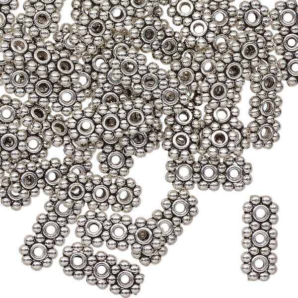 Spacer bar, antique silver-finished brass, 13x5mm beaded rectangle, fits up to 2.5mm beads. Sold per pkg of 50. image number 0