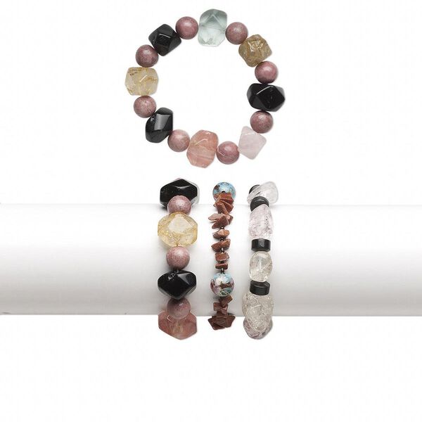 Bracelet mix, stretch, multi-gemstone and glass (natural / dyed / heated / man-made), multicolored, 4mm to 20x15mm mixed shape, 6-1/2 inches. Sold per pkg of 3. image number 0