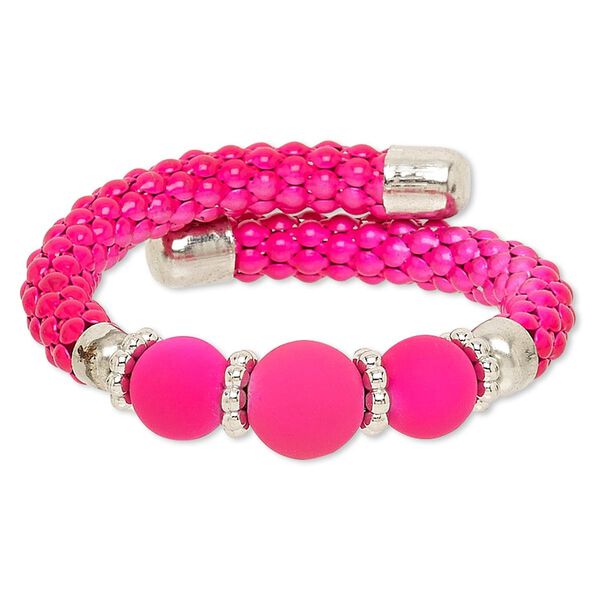 Bracelet, acrylic / silver-coated plastic / silver-finished steel / painted steel memory wire, neon pink, 16mm wide, adjustable from 6-1/2 to 7-1/2 inches. Sold individually. image number 0