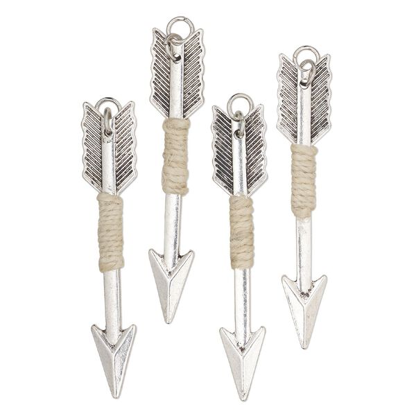 Focal, antique silver-finished "pewter" (zinc-based alloy) and hemp, tan, 2-3/8x1/2-inch double-sided arrow with steel jump ring. Sold per pkg of 4. image number 0