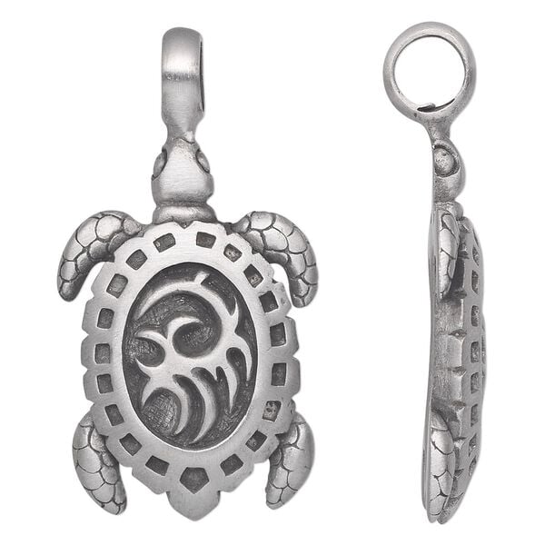 Pendant, Powerful Pewter Pendants, antiqued pewter (tin-based alloy), 50x28mm single-sided turtle. Sold individually. image number 0