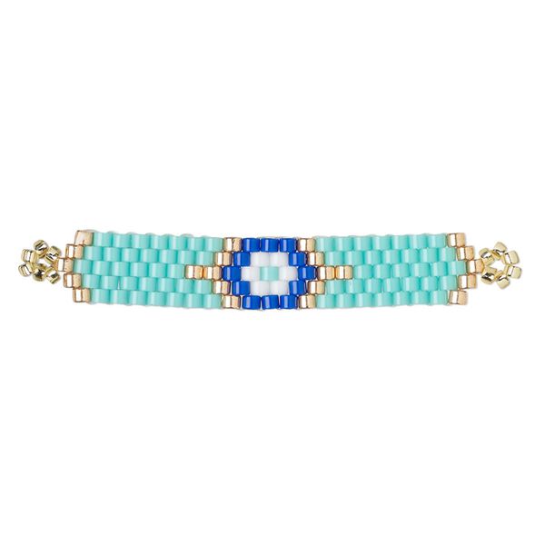 Focal, Creative Touch, glass, turquoise blue and multicolored, 40x7mm rectangle with wards-off-the-evil-eye design. Sold individually. image number 0