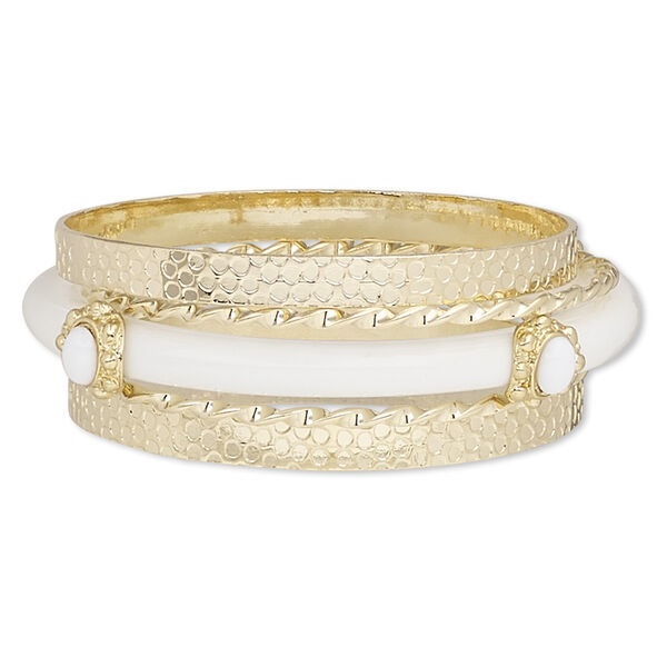 Bracelet, bangle, enamel / acrylic / gold-coated plastic / gold-finished steel, white, 3-8mm wide, 8 inches. Sold per 5-piece set. image number 0