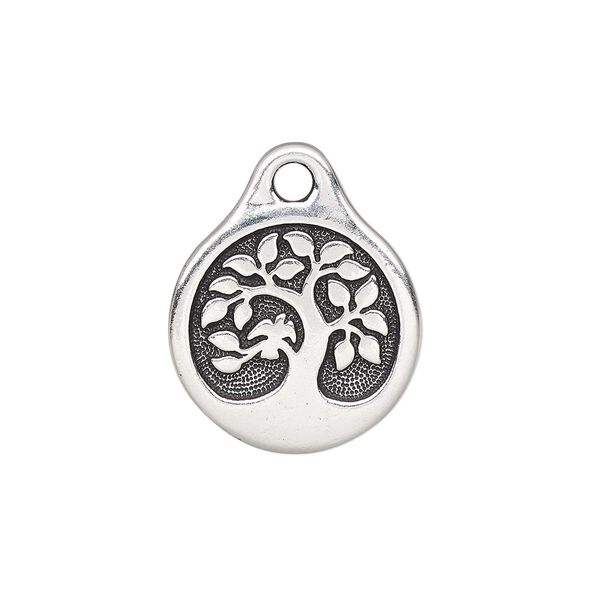 Drop, TierraCast®, antique silver-plated pewter (tin-based alloy), 16mm double-sided round with bird in tree. Sold per pkg of 20. image number 0