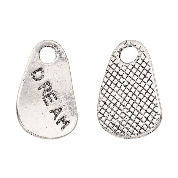 Drop, antique silver-finished "pewter" (zinc-based alloy), 25x17mm two-sided flat freeform with "DREAM" and textured design. Sold per pkg of 2. image number 0